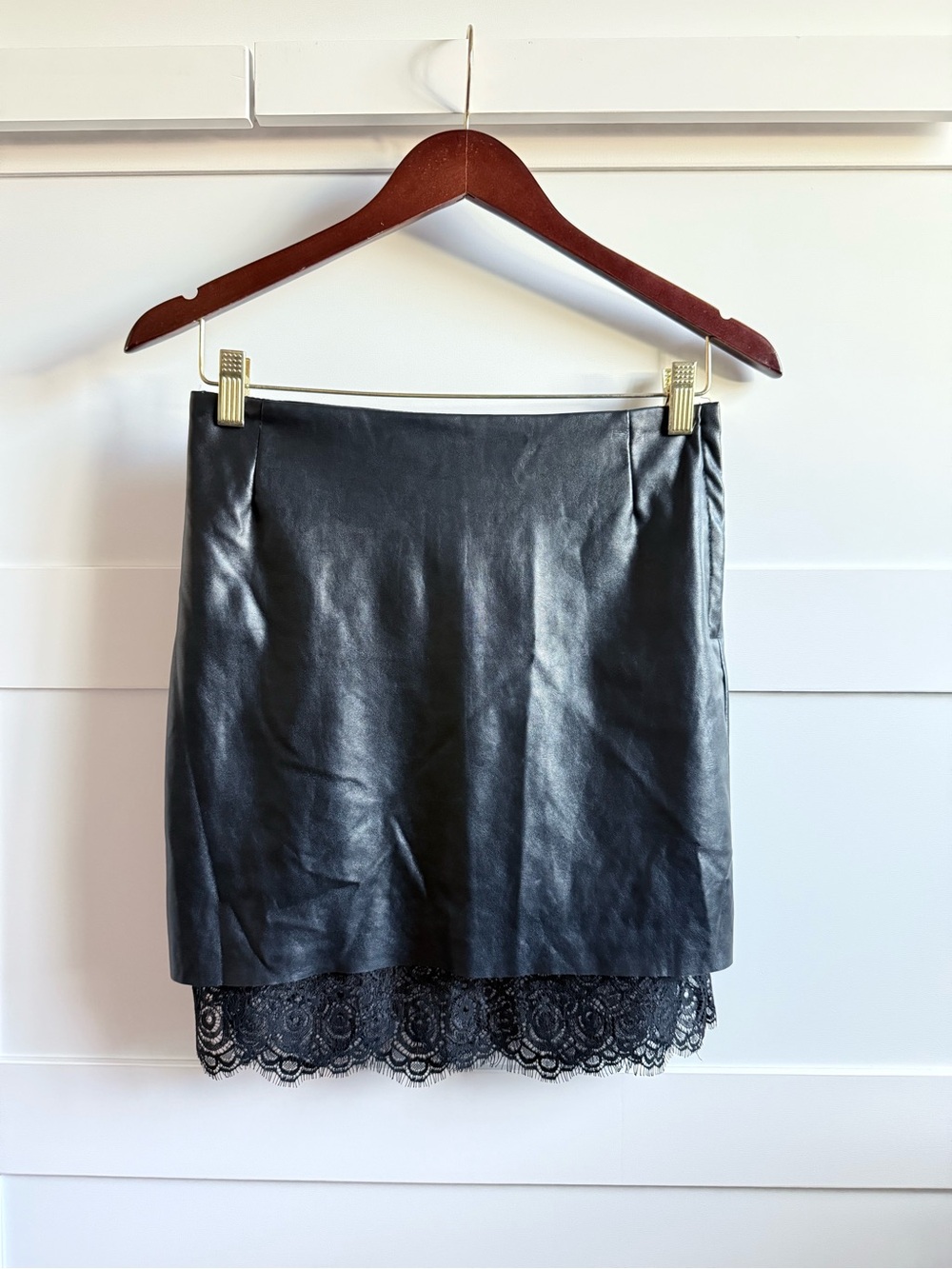 Black Faux Leather Mini Skirt with Lace Hem